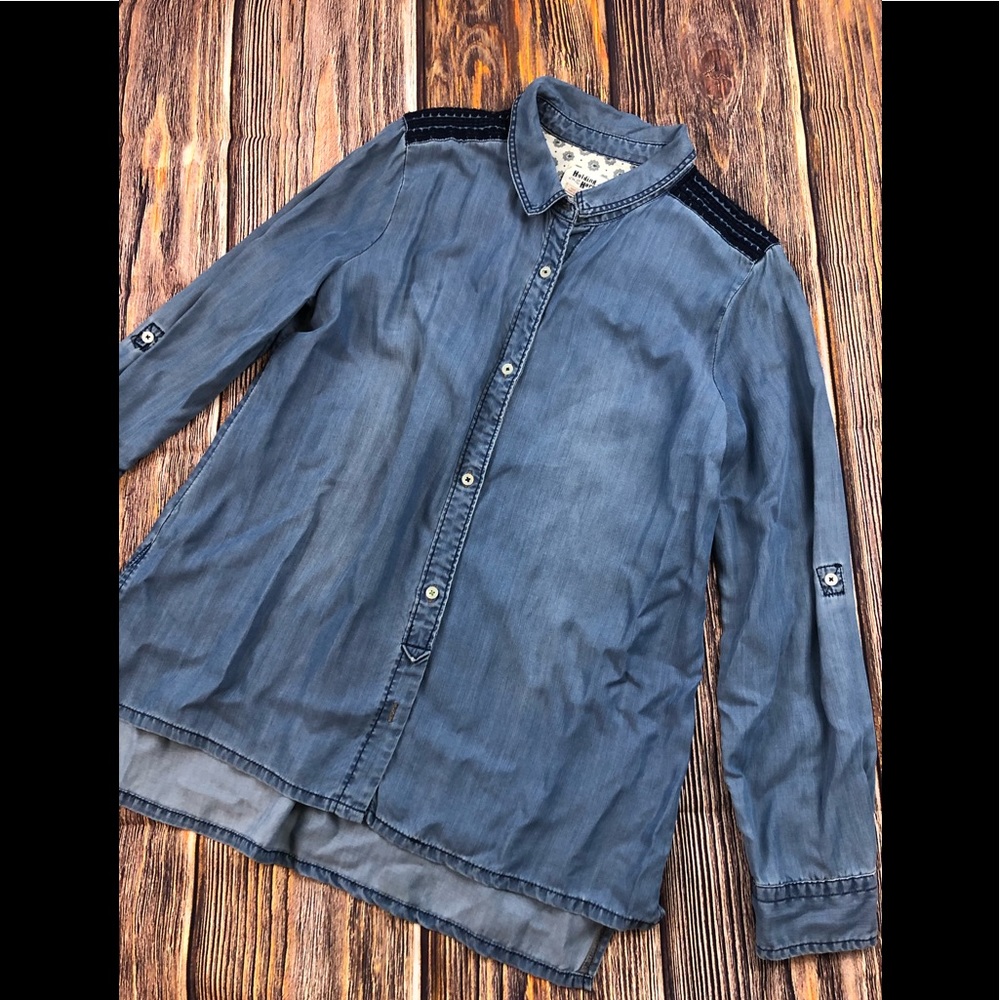 Anthro Holding Horses Embroidered top L chambray